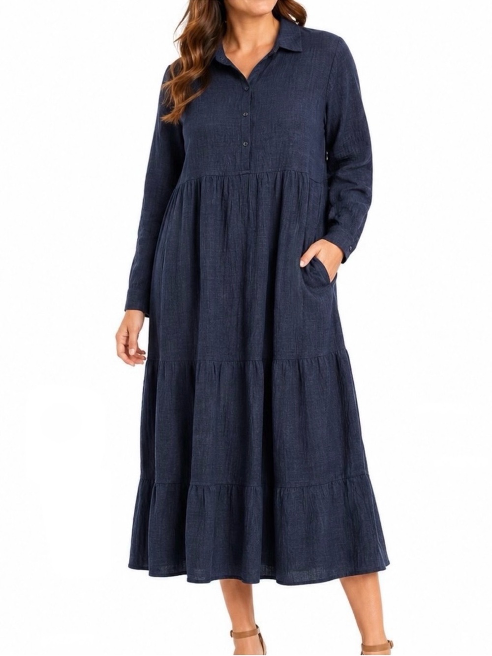 Max Studio Navy Tiered Long Sleeve Button-Front Midi Maxi Shirt Dress NWT Sz XL